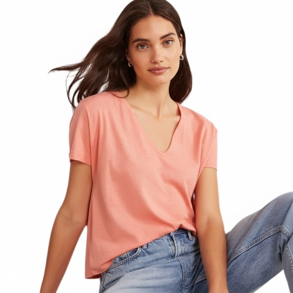 Boden V Neck Coral Short Sleeve Tie Back Boxy Slub Tee Shirt size 14